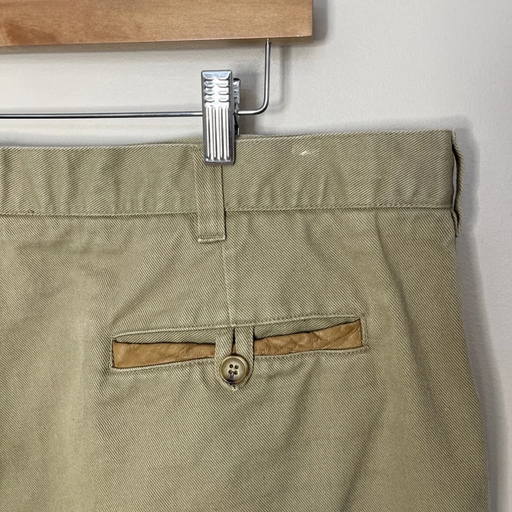 Vintage‎ Orvis Duck Cloth Canvas Shorts Men's 44 Beige Leather Trim Flat Front